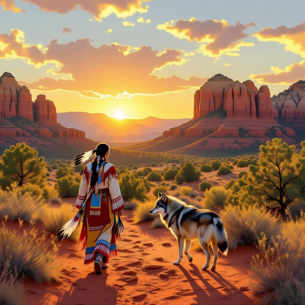 Lakota Woman and Wolf Walk Past Bell Rock in Summer
