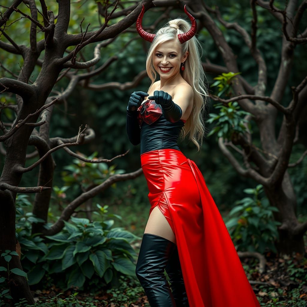 Woman in Red Latex Dress in Gothic Garden