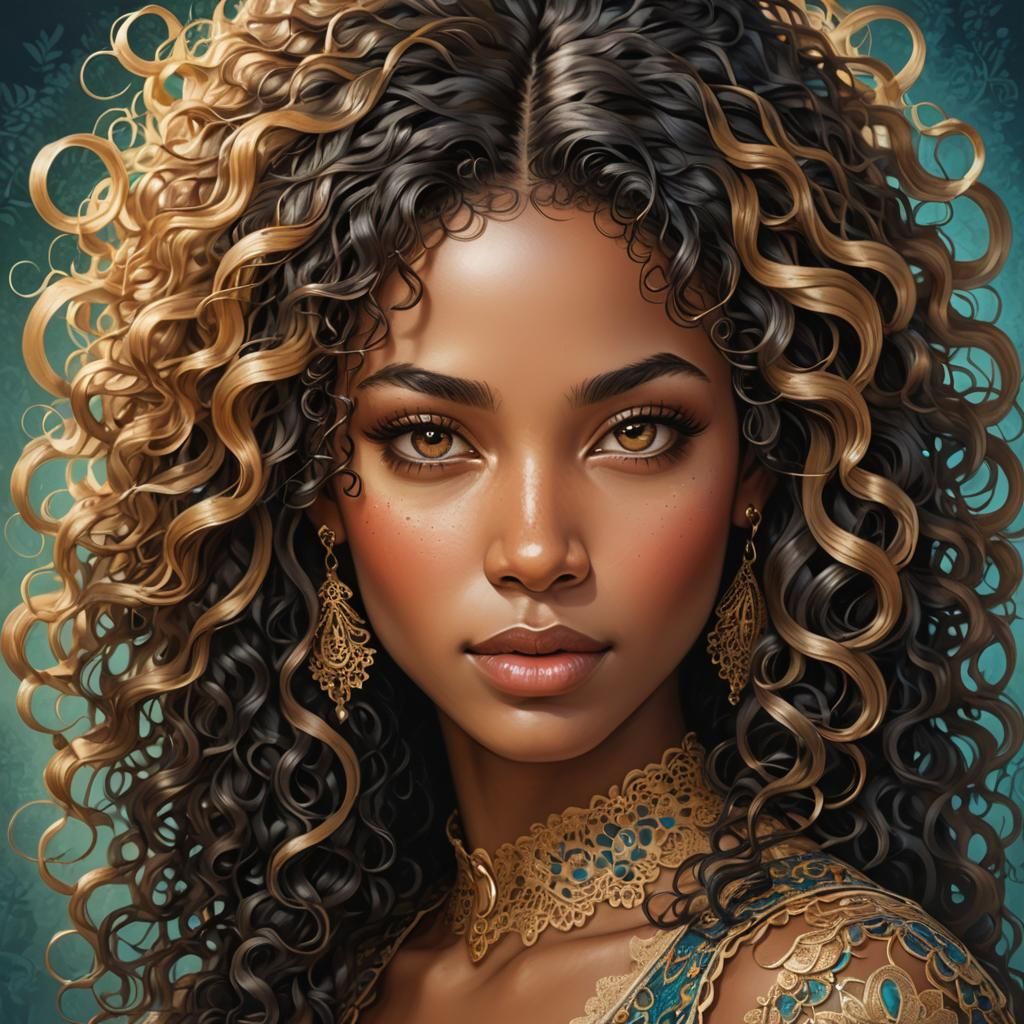 Whimsical Portrait of Woman with Voluminous Black Hair