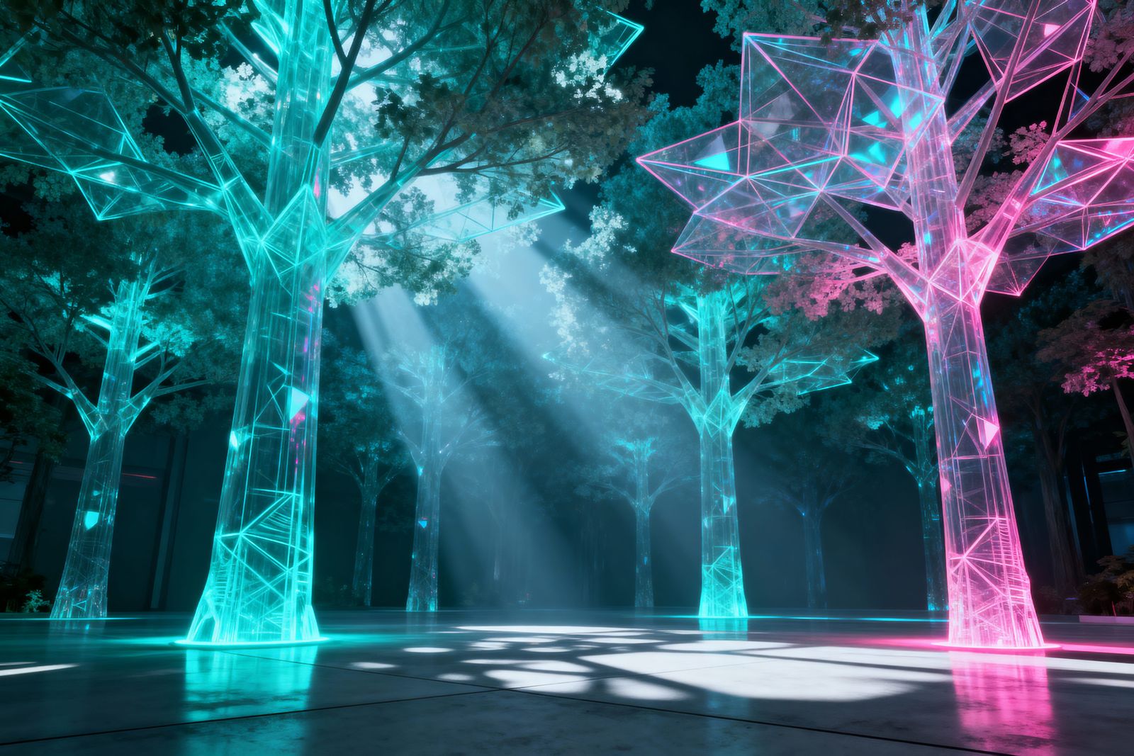 Holographic Forest with Neon Luminescence and Concrete Floor