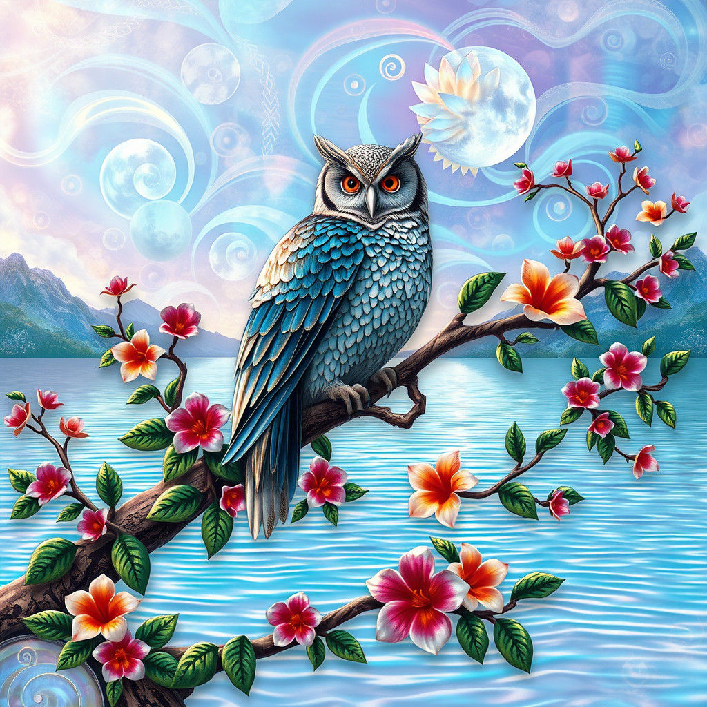 Owl Overlooking Lake in Iridescent Mother of Pearl Hues
