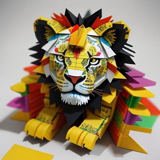 Colorful Lego Lion Eclipse in Woodprint Style
