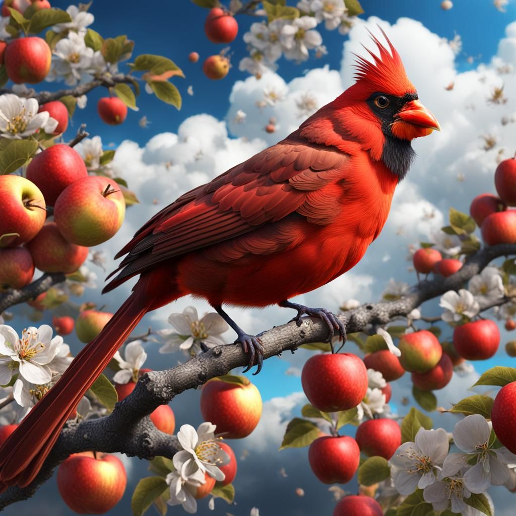 Cardinal in Apple Tree: Detailed Matte Painting