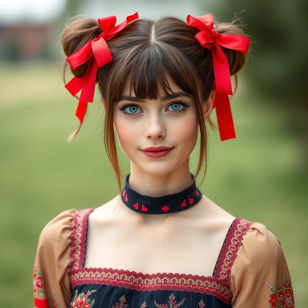 Young Russian Woman Posing with Red Bows in Ponytails