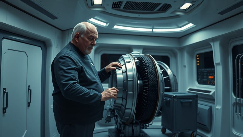 Elderly Engineer Repairs Warp Engine in Starship Interior