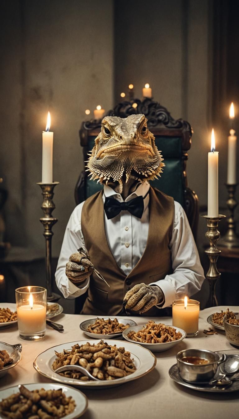 Bearded Dragon Lizard as Nobleman at Dinner