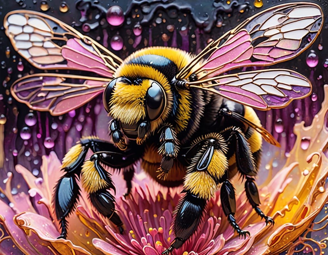 Black Bumblebee in Vivid Liquid Ink Illustration