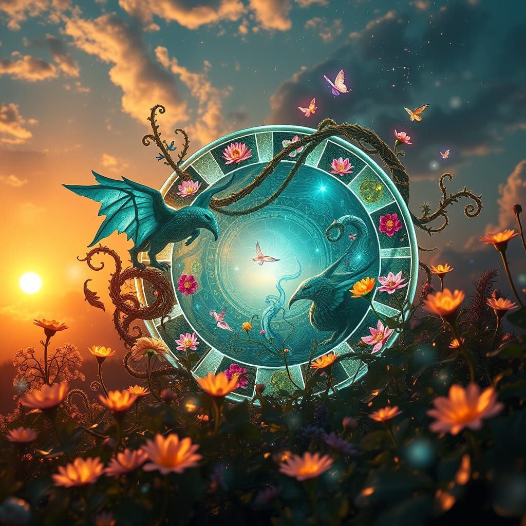 Dreamlike Zodiac Realm in Vibrant, Iridescent Light