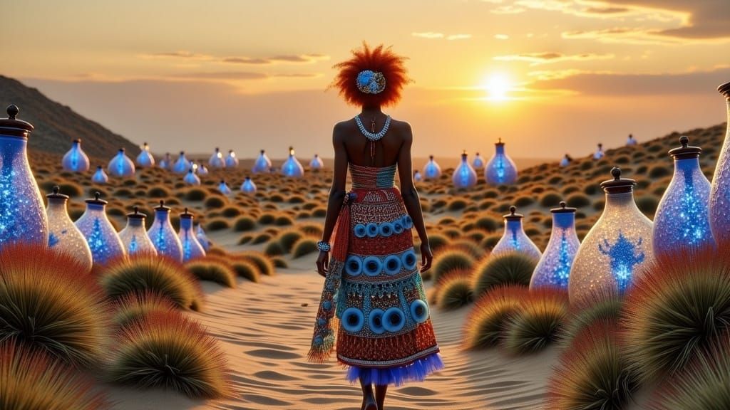 African Woman with Spider Mask in Surreal Desert