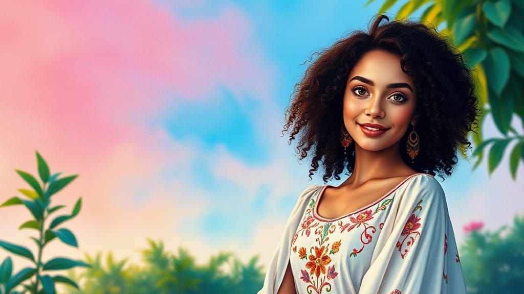 Latin American Goddess in Vibrant Watercolor Dreamscape