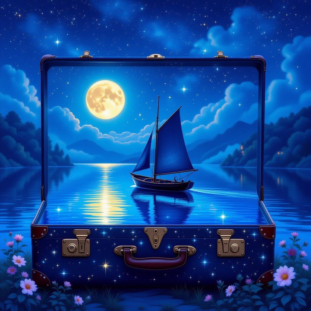 Magical Suitcase Water Landscape Under Cosmic Night Sky