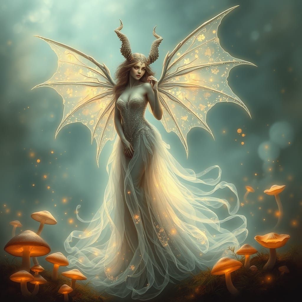 Whimsical Demoness in Enchanted Misty Landscape