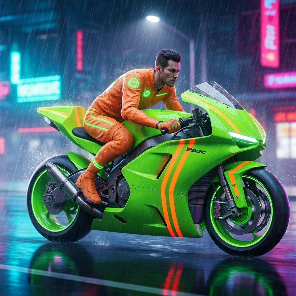 Futuristic Neon Motorcycle Races Through Cyberpunk City