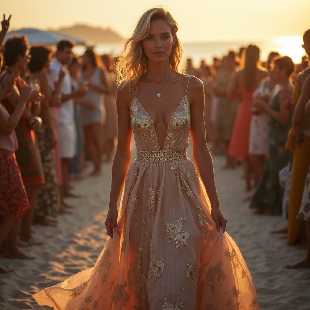 Elegant Runway Model at Sunset Beach with Vibrant Wedding Go...