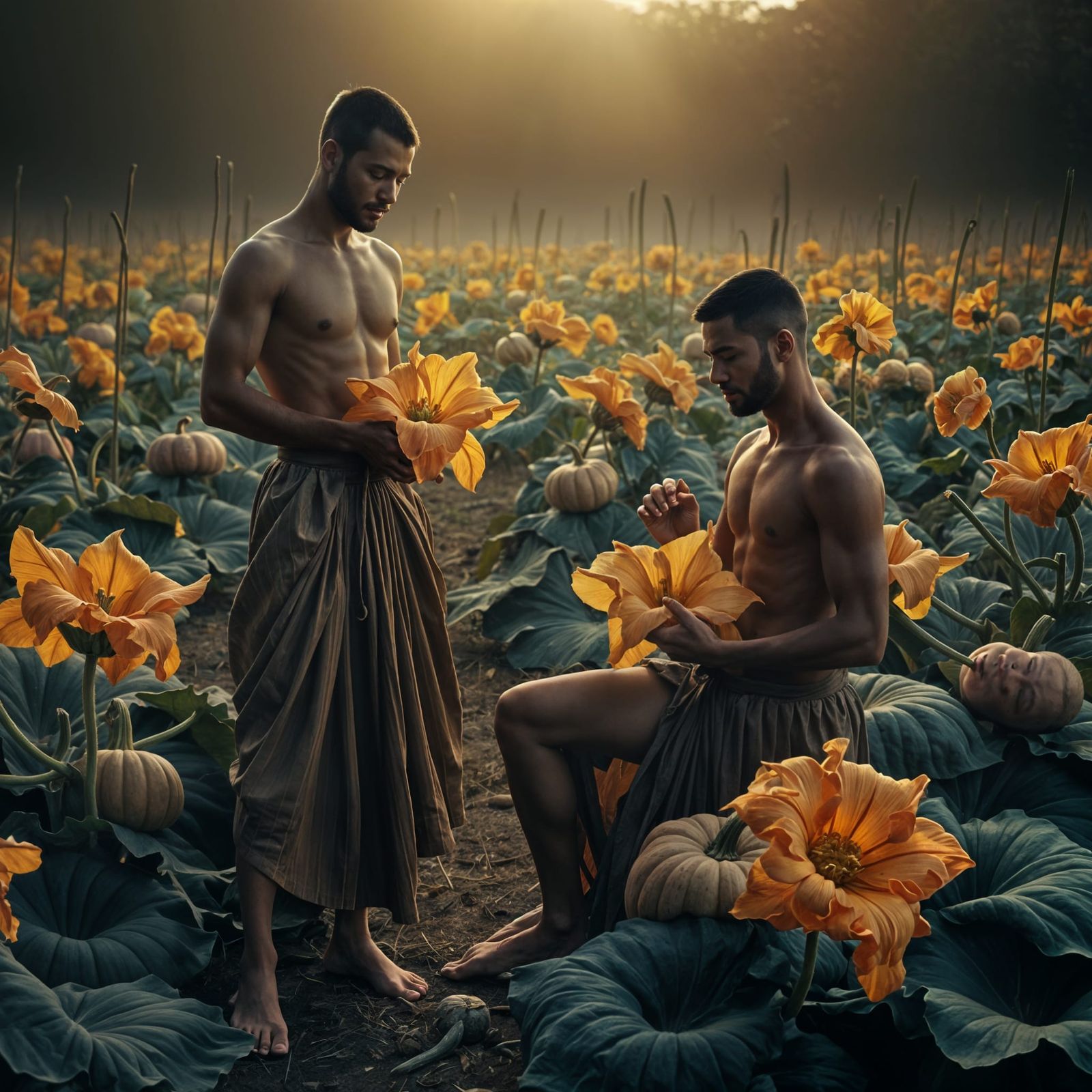 Pumpkin Field at Dusk in Pre-Raphaelite Style