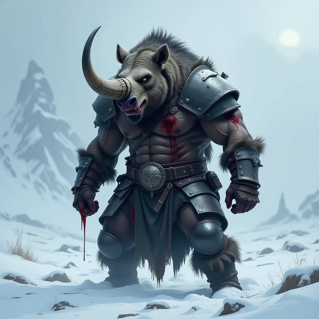 Ferocious Wererhino in Snowy Wasteland, Dark Fantasy Art