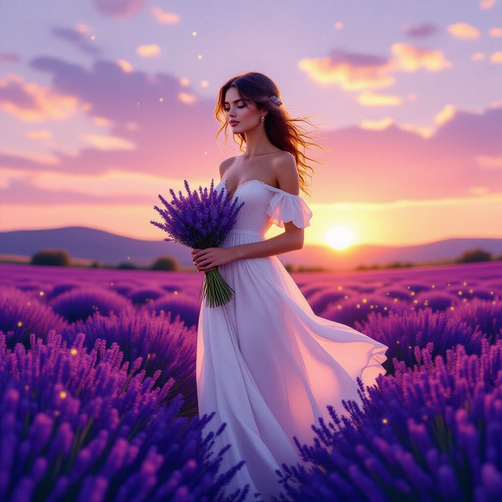 Woman in Lavender Field at Sunset in Photorealistic Style