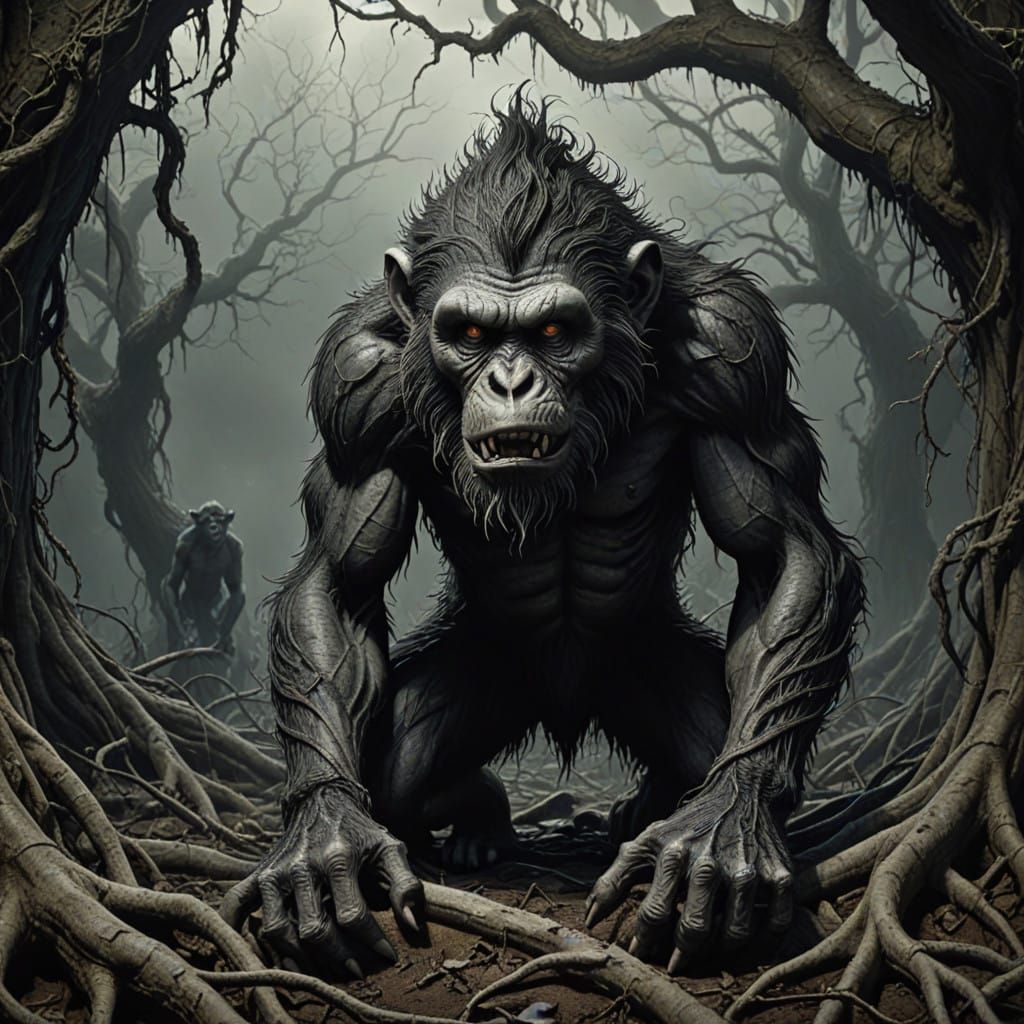Grotesque Monkey Troll in Dark, Foreboding Landscape