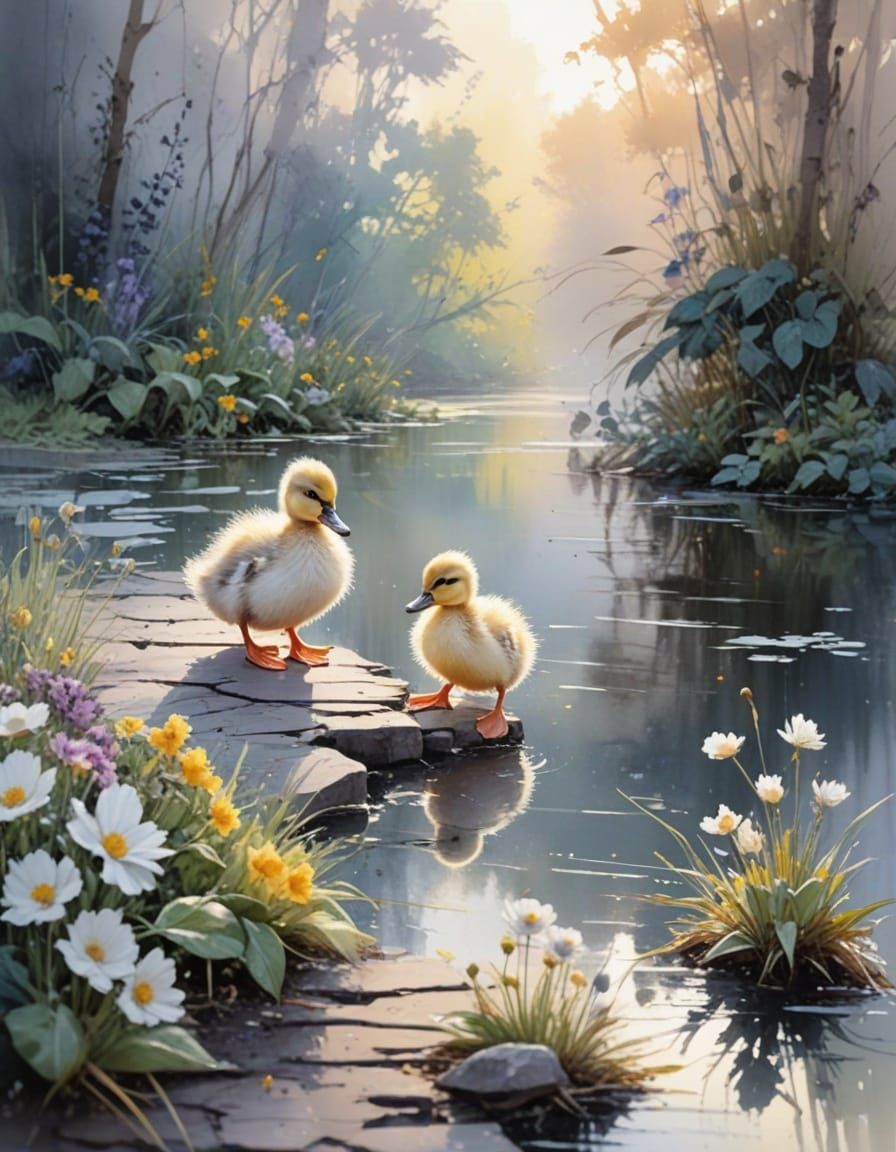 Ducklings in Golden Hour Spring Garden, Watercolor Art