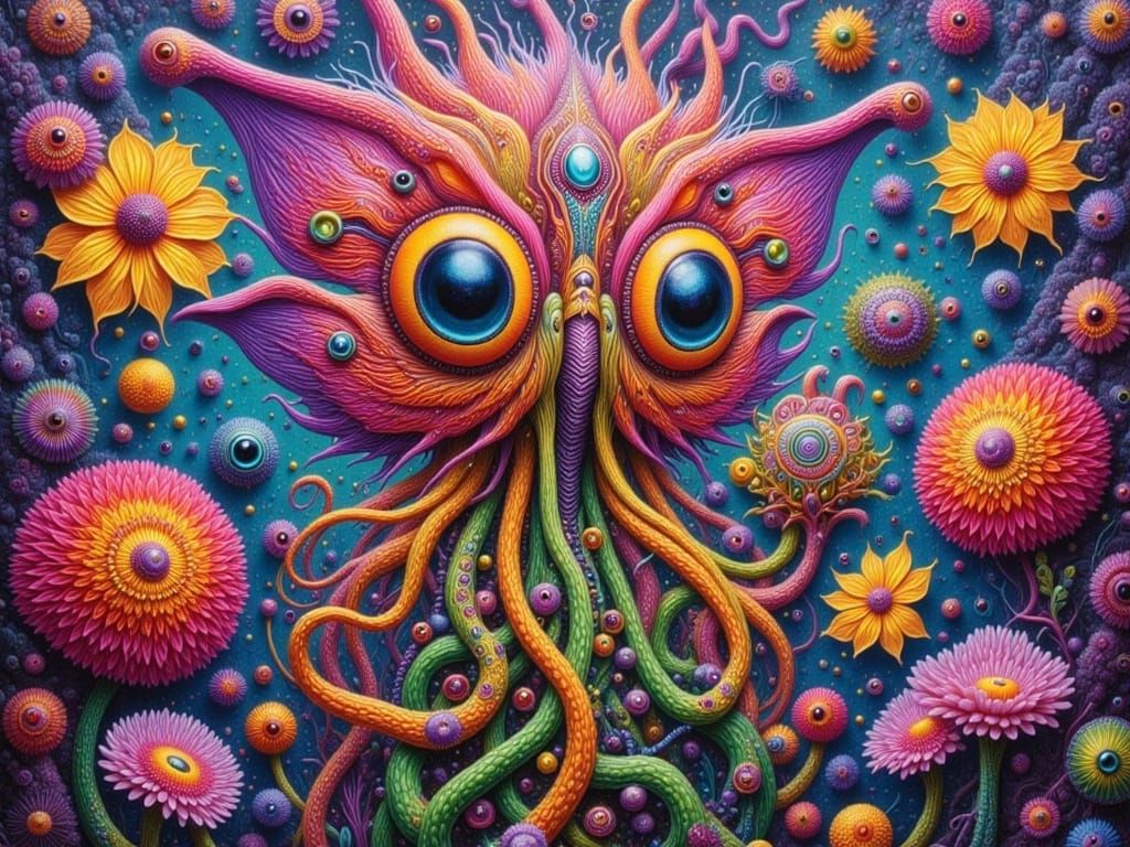 Strange Colorful Flower with Butterfly in Alien Style