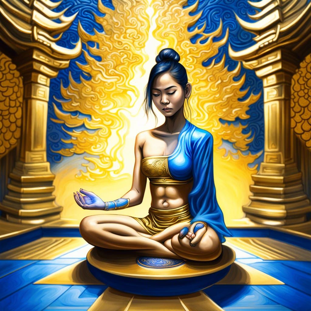 Thai Woman Meditating in Temple with Aura