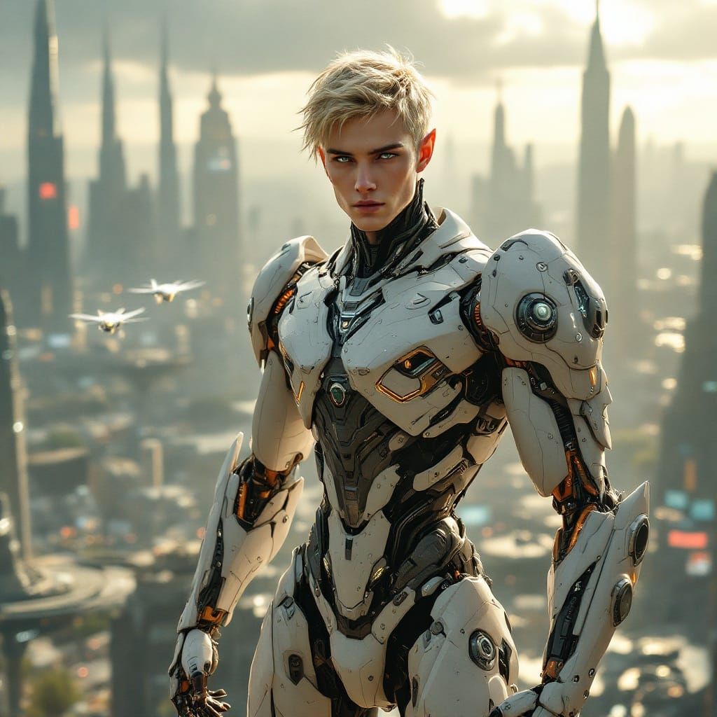 Cyborg Elf Oversees Cityscape in Cyberpunk Style