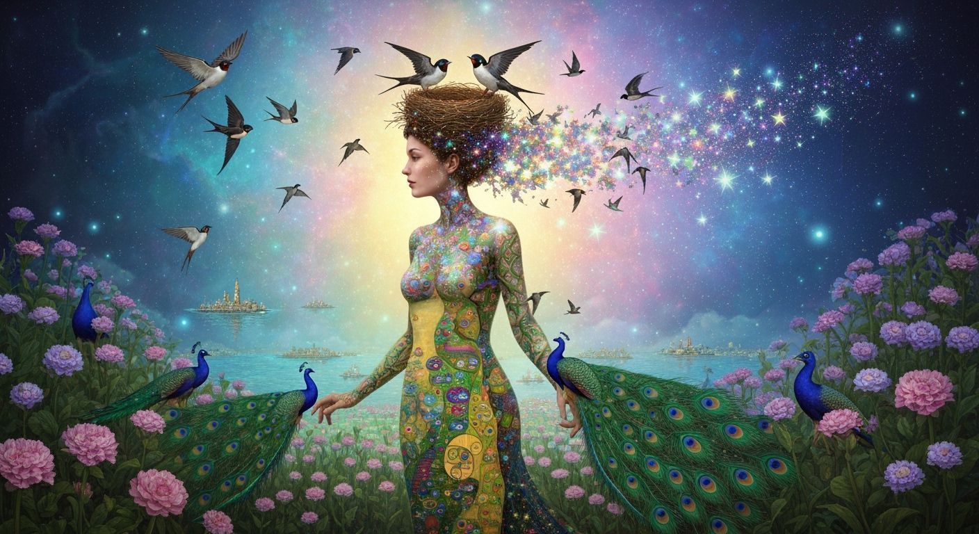Ethereal Woman Transforms into Birds Amidst Cosmic Energy