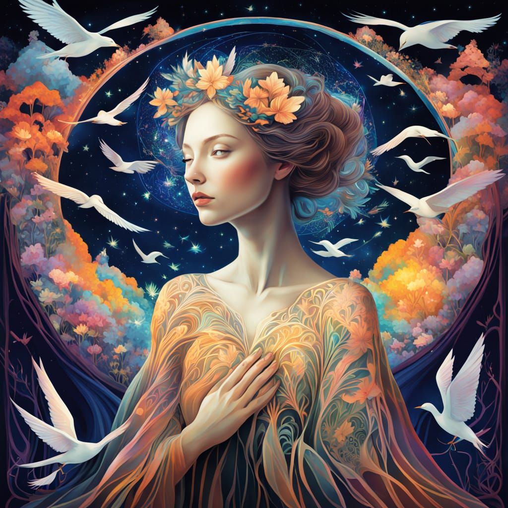 Ethereal Woman Transforms into Birds Amidst Cosmic Swirls