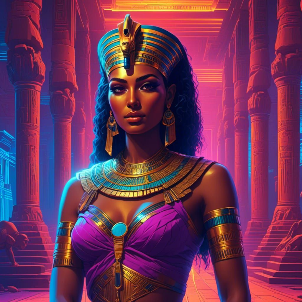 Egyptian Priestess in Synthwave Temple: Digital Art