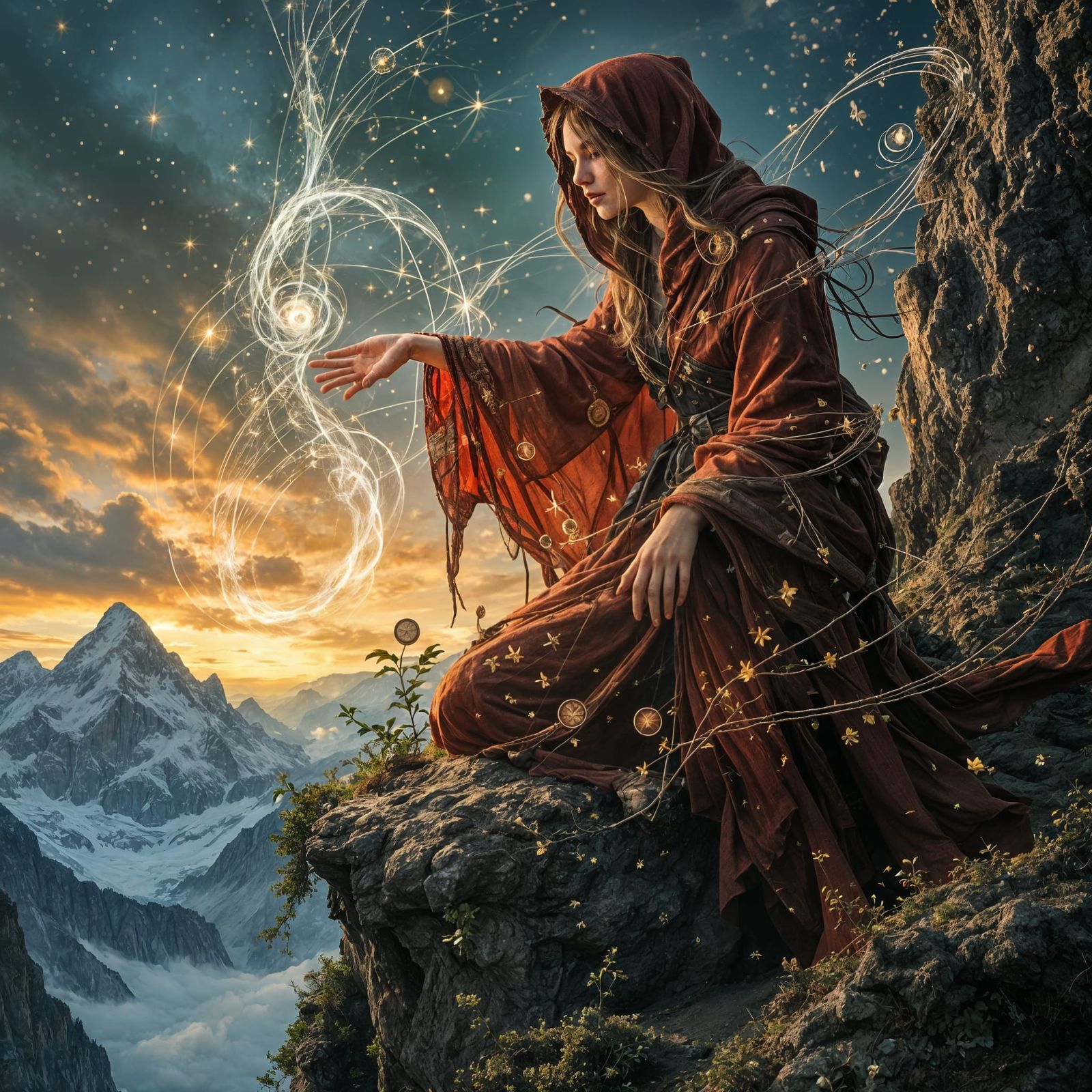 Female Wizard Casting Spell with Occult Overlays