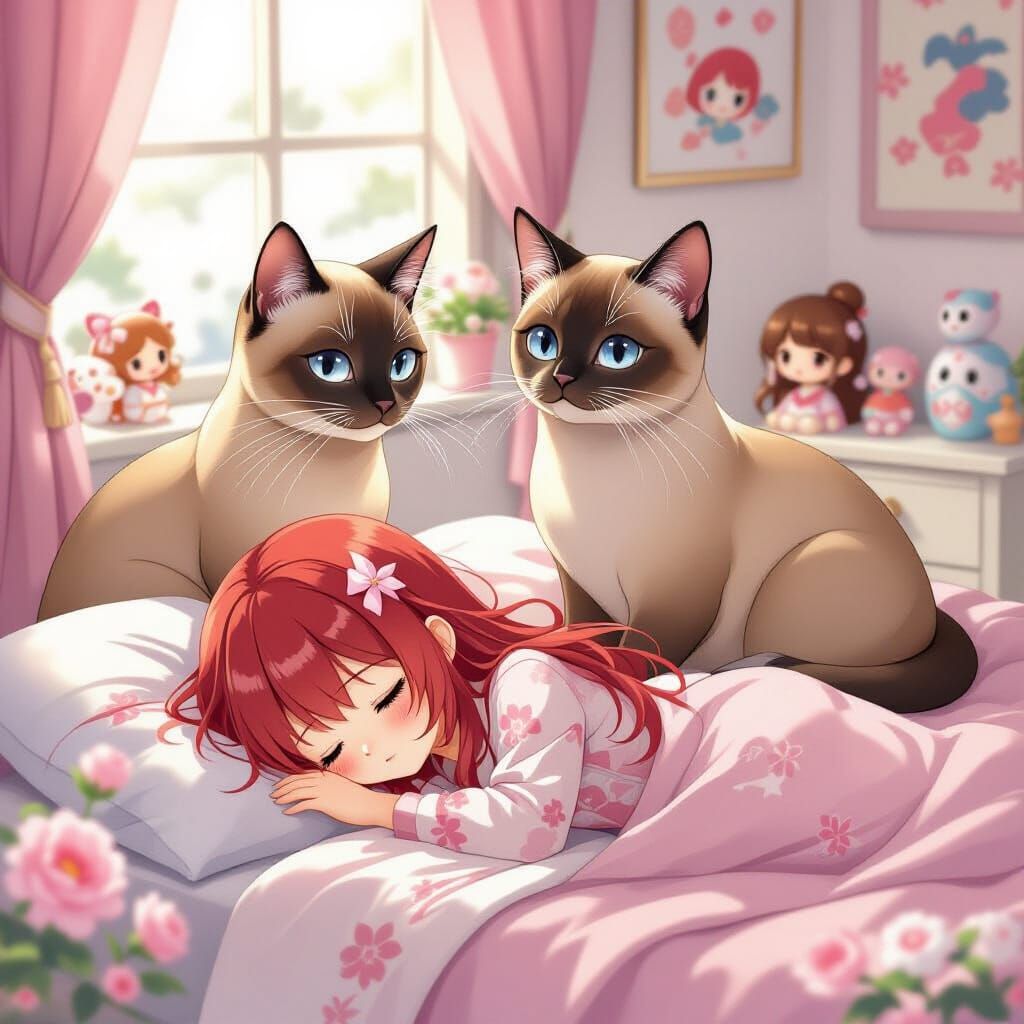 Cats Protecting Girl in Anime Pastel Bedroom