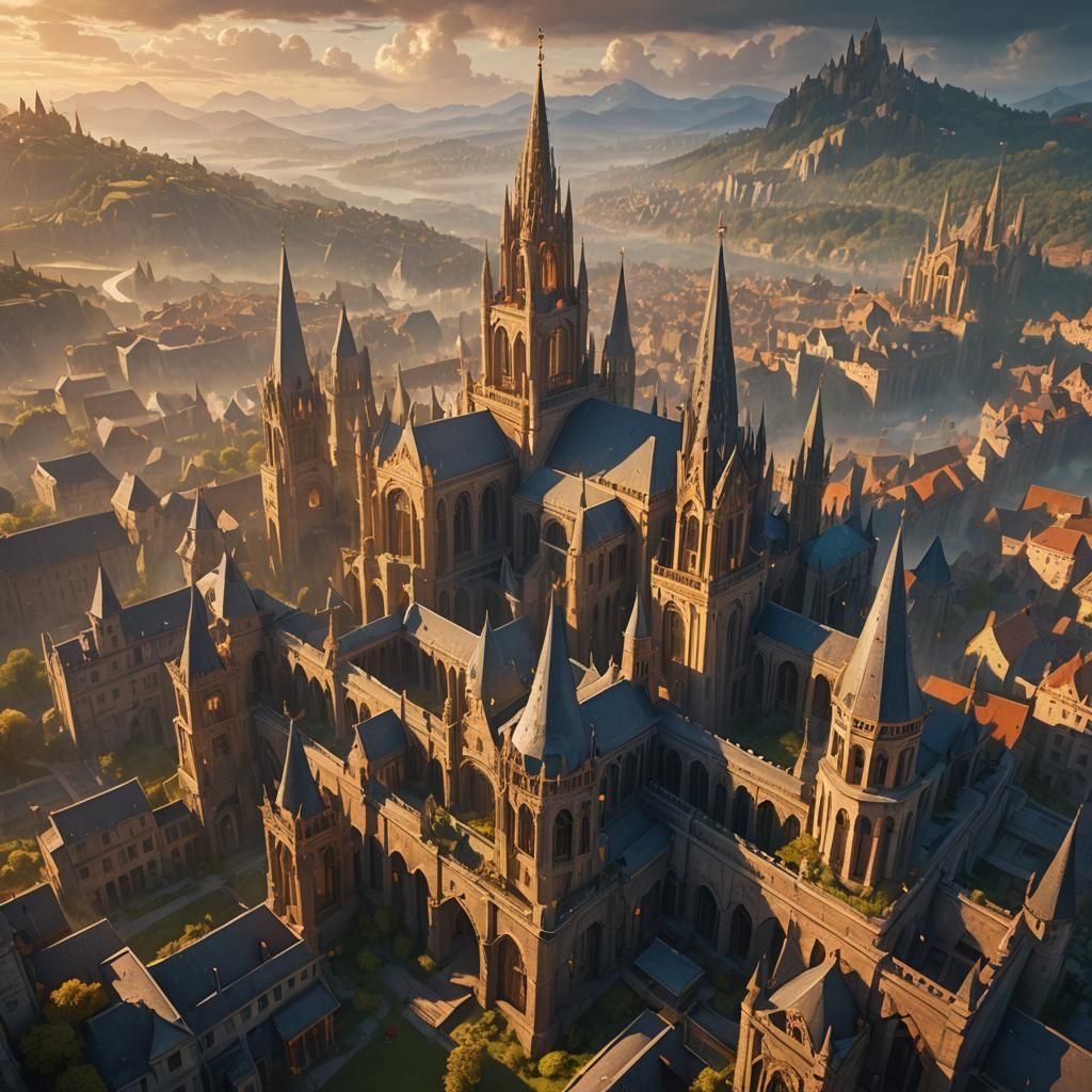 Mystical Cityscape Concept Art with Glowing Runes