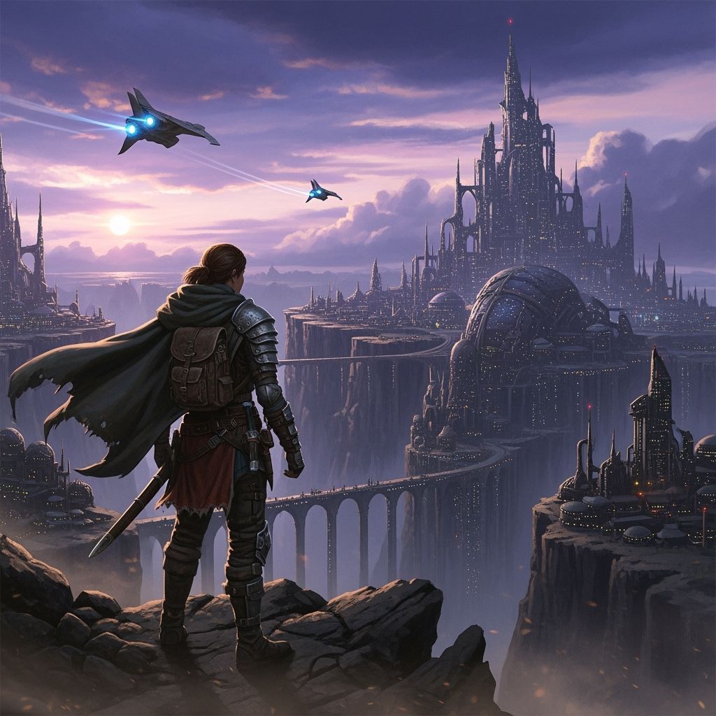 Adventurer Overlooks Alien Metropolis on Windswept Cliff