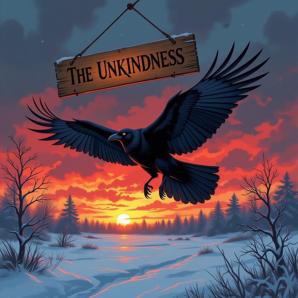 Raven Flies Under Ominous Sign at Sunset