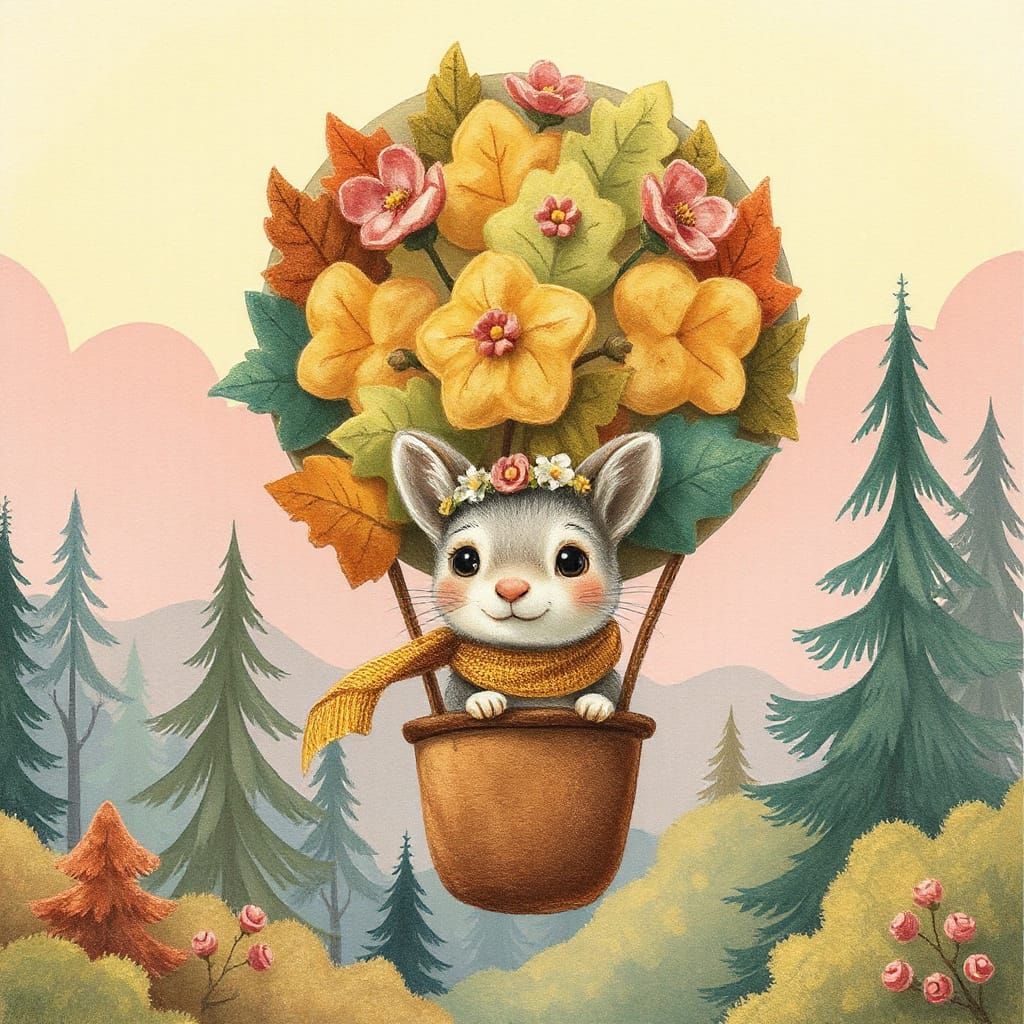 Whimsical Woodland Creature in Hot Air Balloon