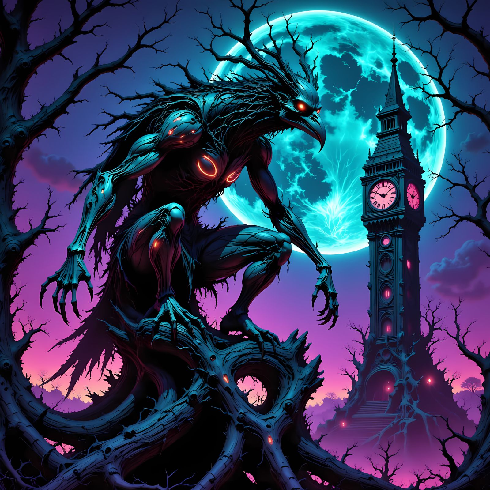 Cybernetic Raven Soars Under Neon Moonlight