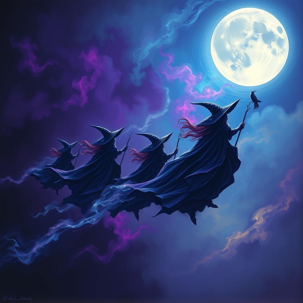 Witches Soar Through Ethereal Night Sky