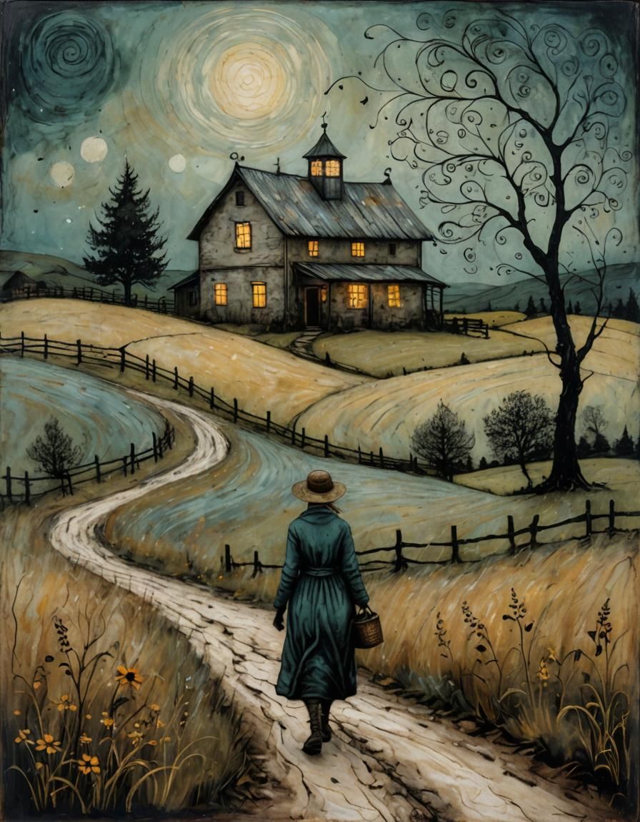 Woman with Lantern: Ominous Encaustic Painting