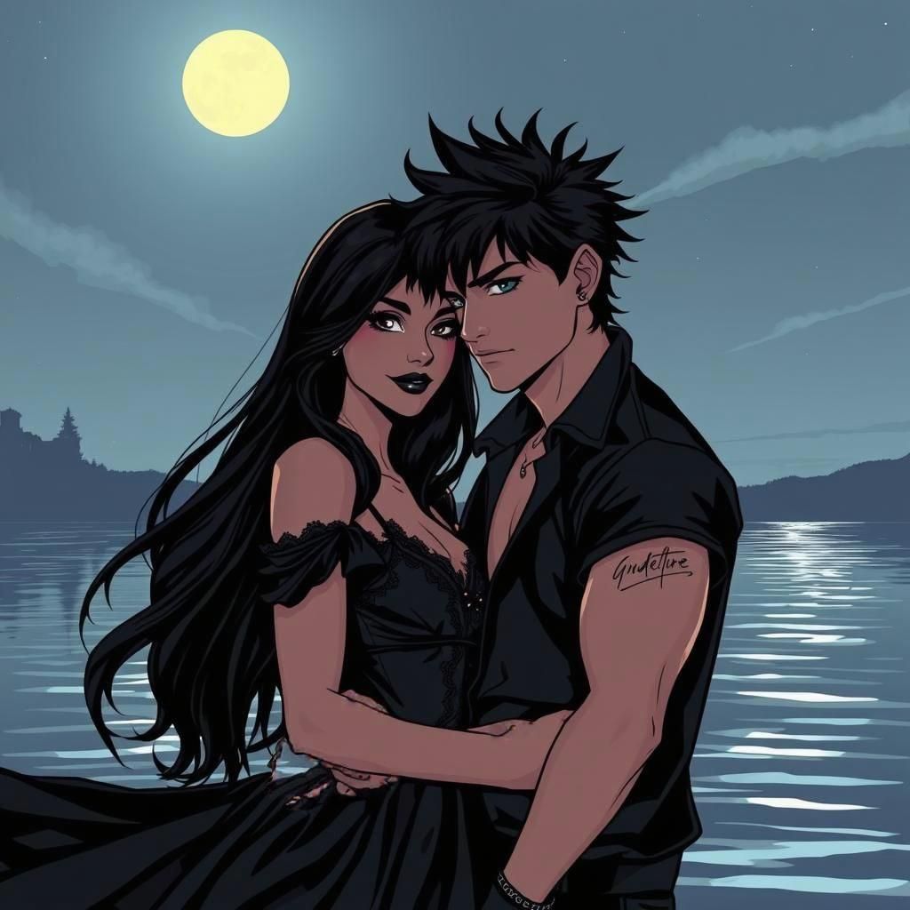 Romantic Lakeside Couple in Comic Book Style