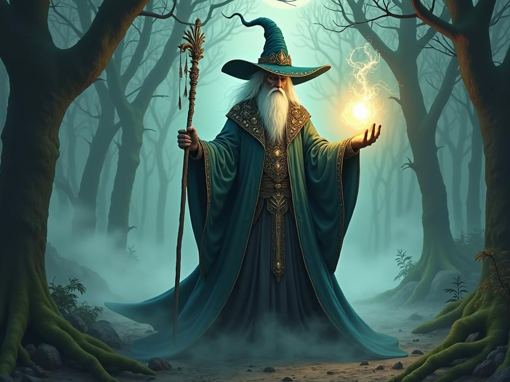 Mystical Wizard Conjuring Energy in Ancient Forest