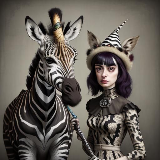 Woman and Zebra Giraffe Hybrid in Pop Surreal Style