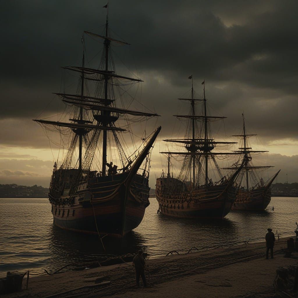 Colonial Harbor Scene in Rembrandt Style