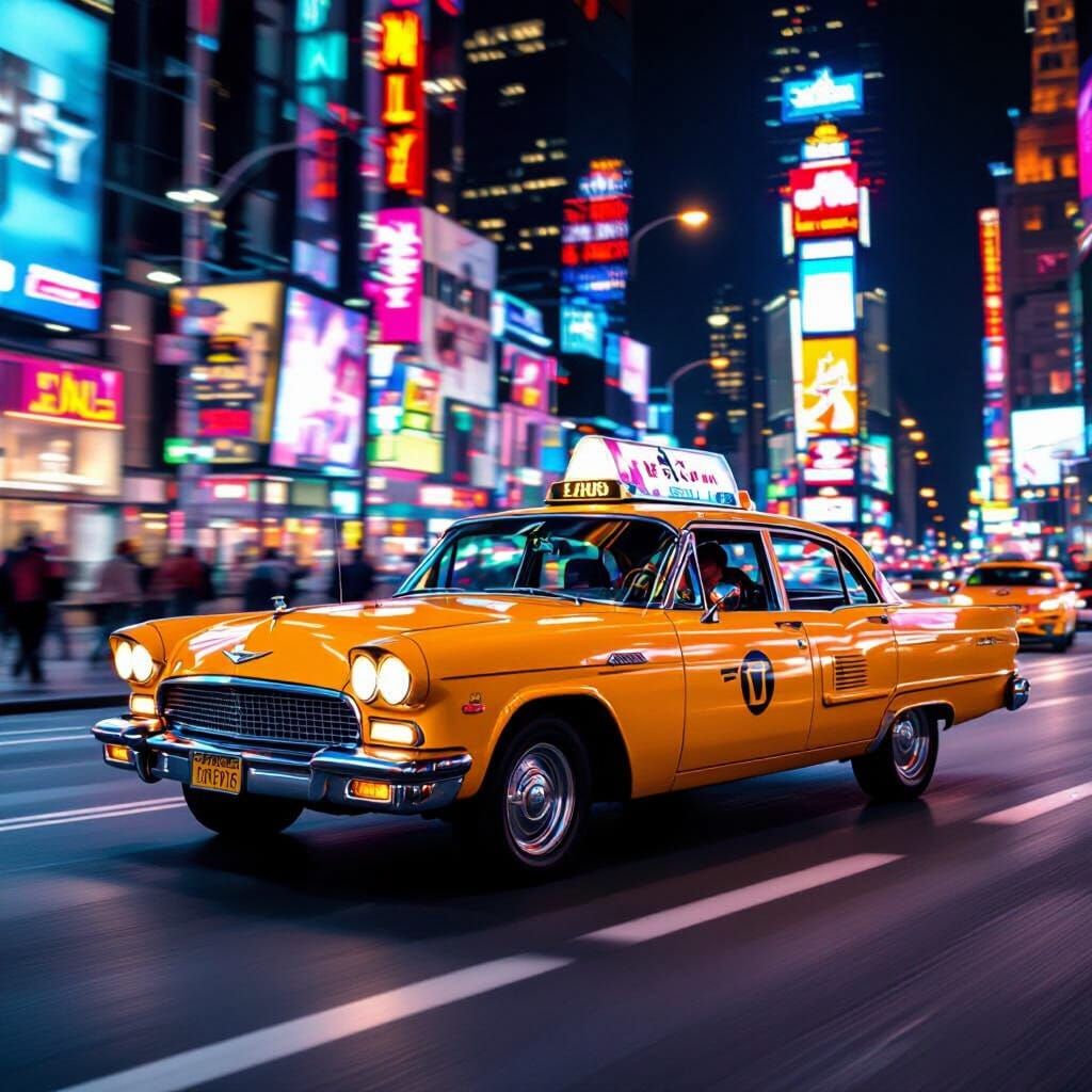 NYC Taxi Speeds Through Neon-Lit Night Street