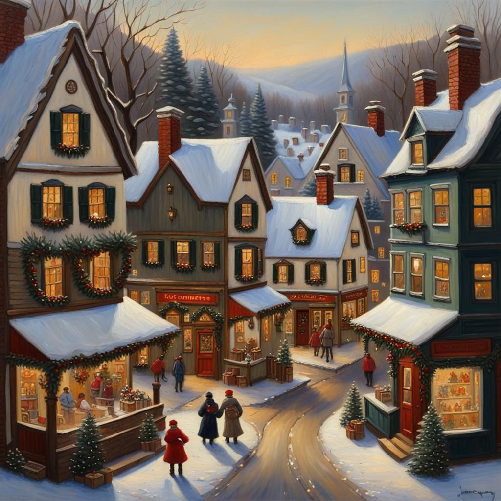 Charming Christmas Village: An Oil Painting