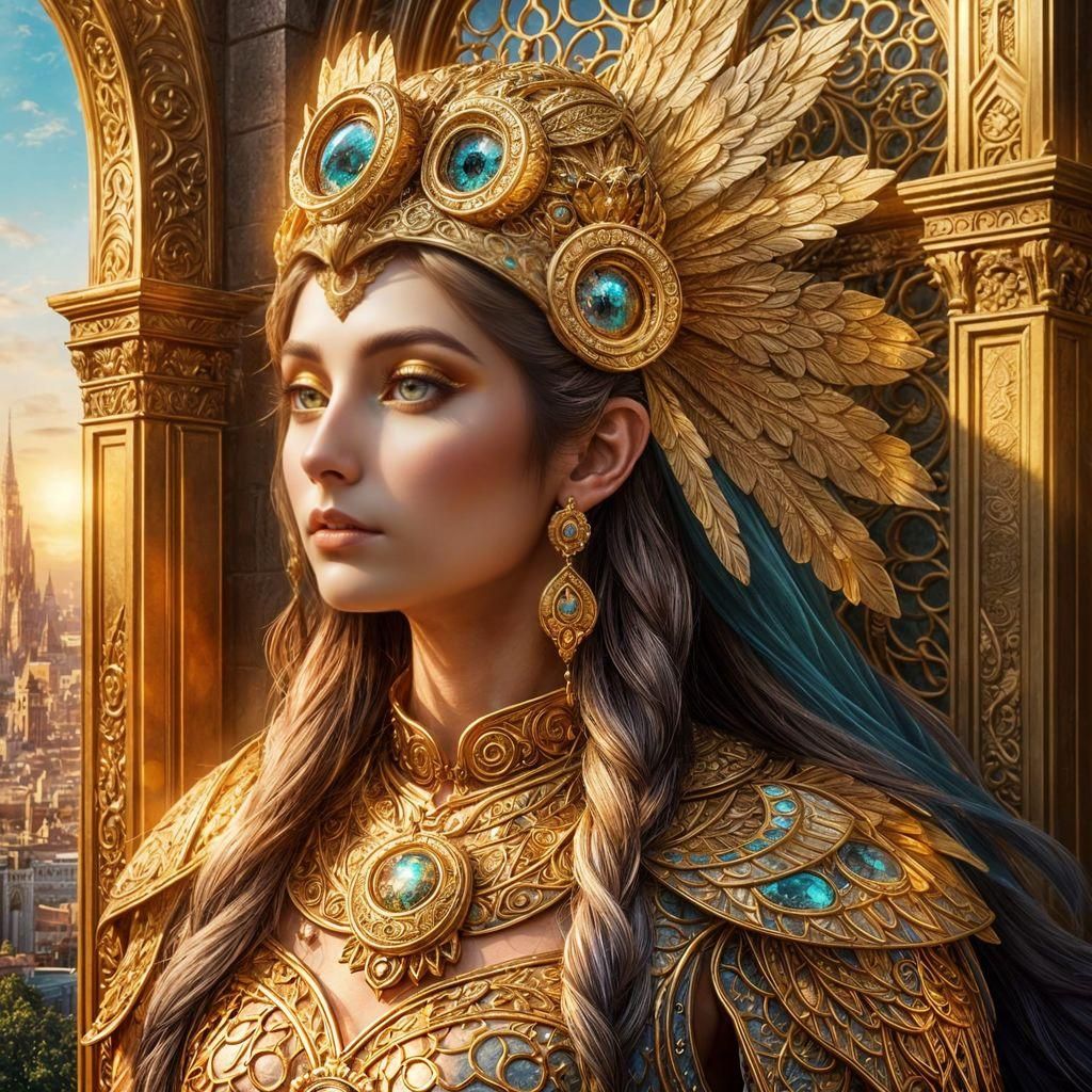 Majestic Owl Goddess Overlooking Golden City