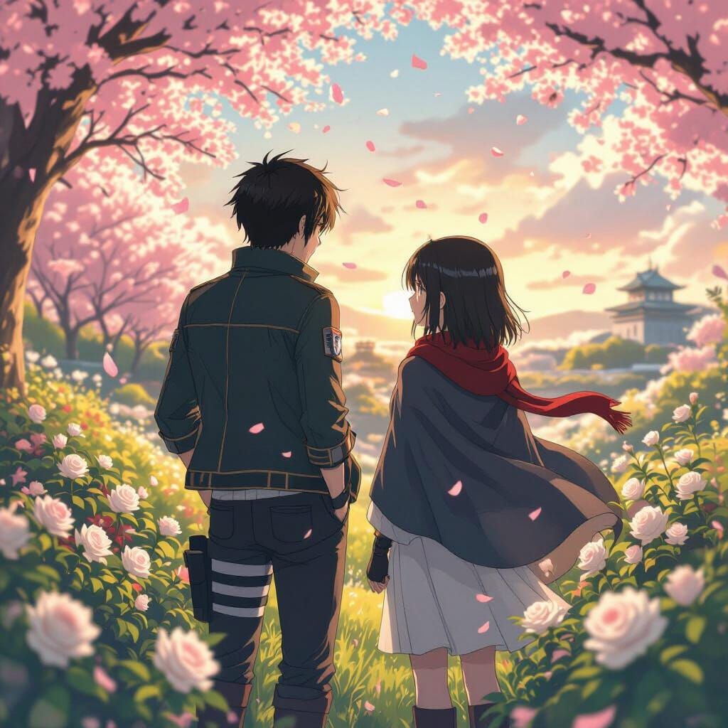 Eren and Mikasa in Cherry Blossom Garden