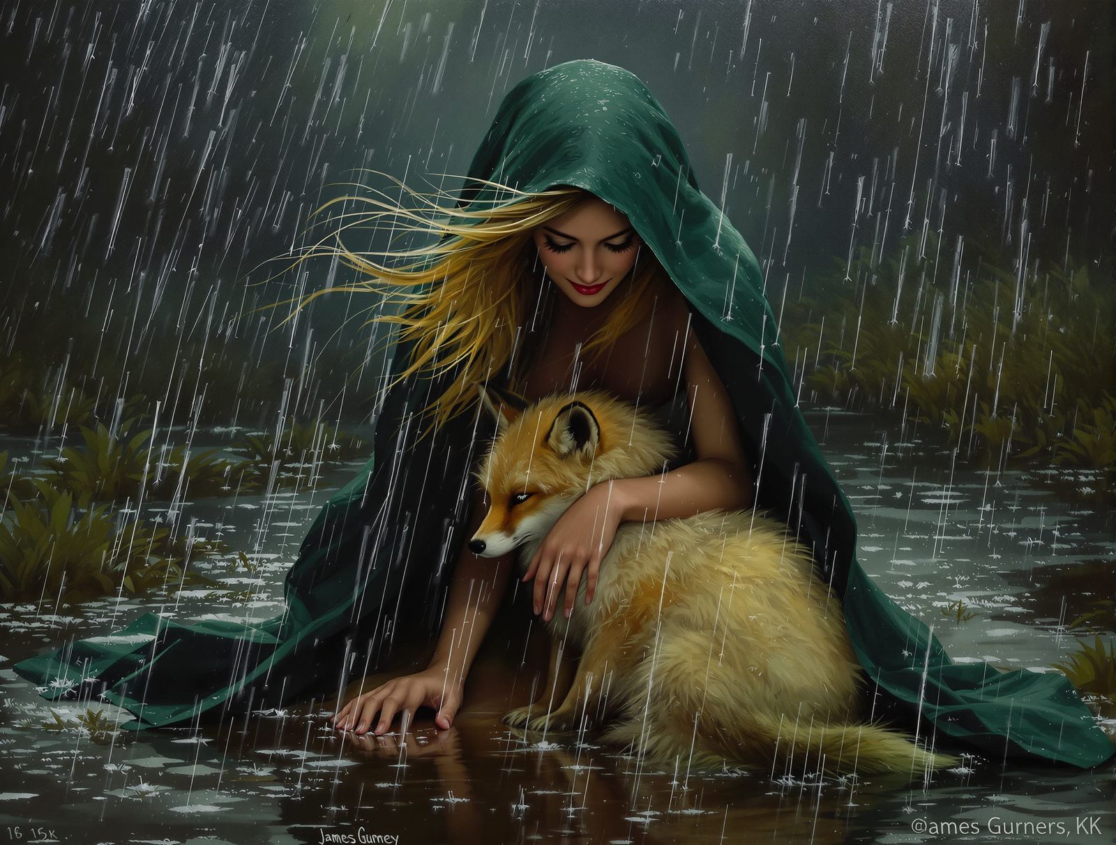 Norse Goddess Shelters Fox in Rainy Downpour Oil Painting