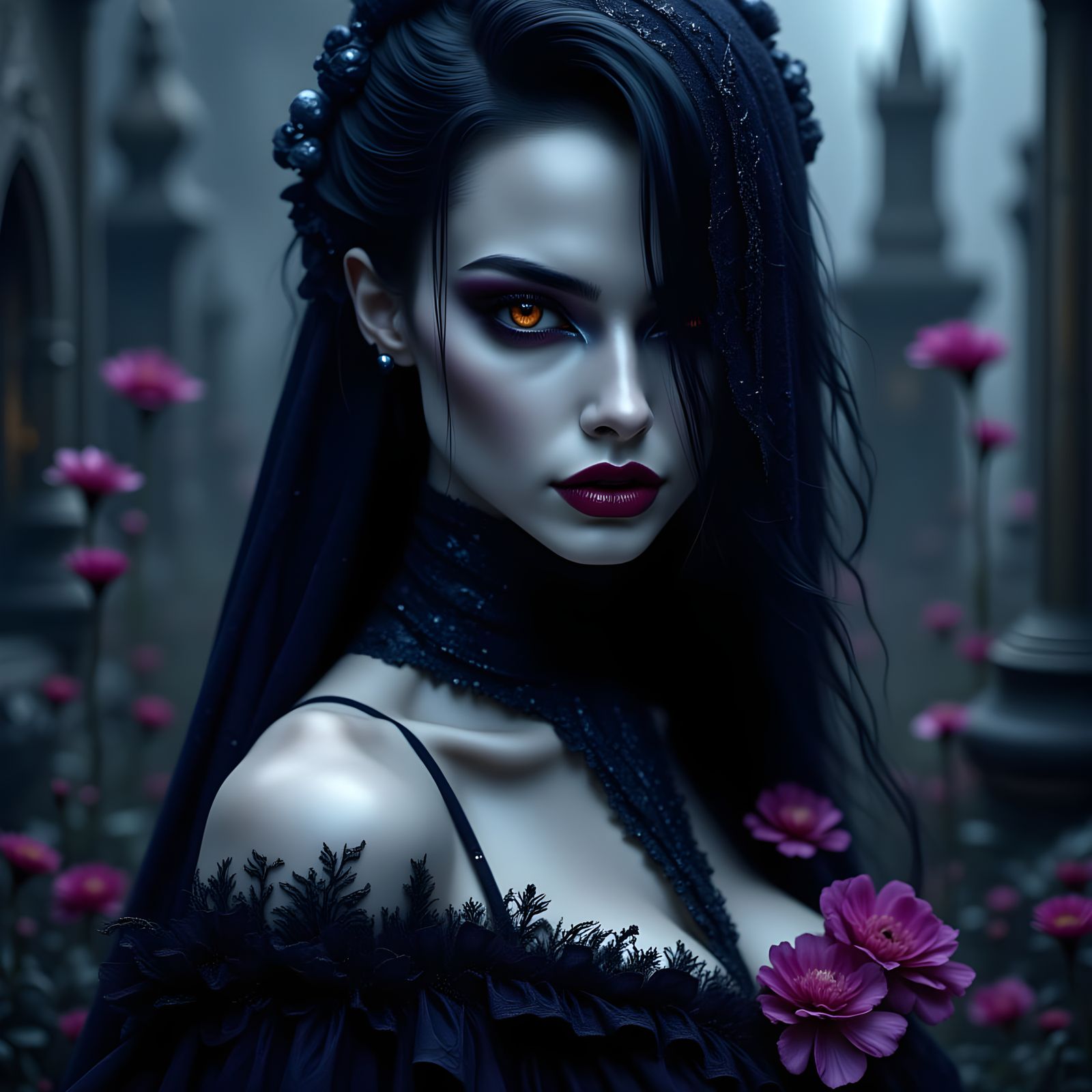 Gothic Necromancer Portrait in Misty Graveyard