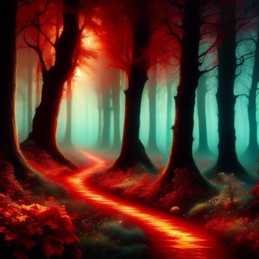 Mystical Crimson Forest with Phoenix in Alcohol Ink Style