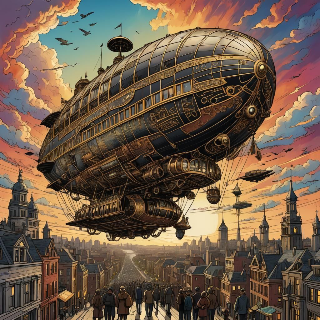 Steampunk Zeppelin's Dramatic Fall: Brass Line Art